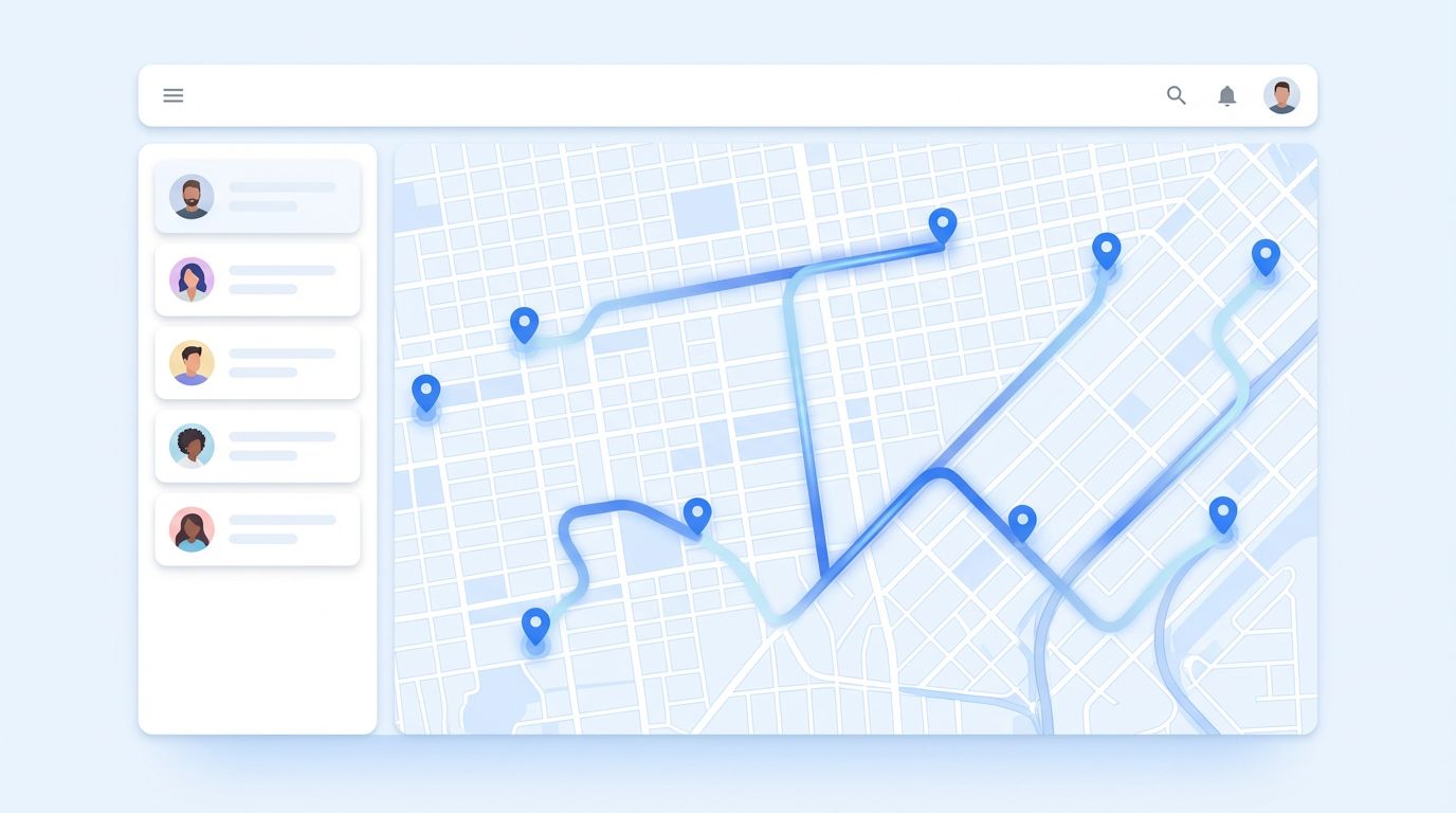 Clean workforce tracking dashboard showing a city map with multiple blue GPS location pins and live tracking routes, plus a worker status panel on the left.